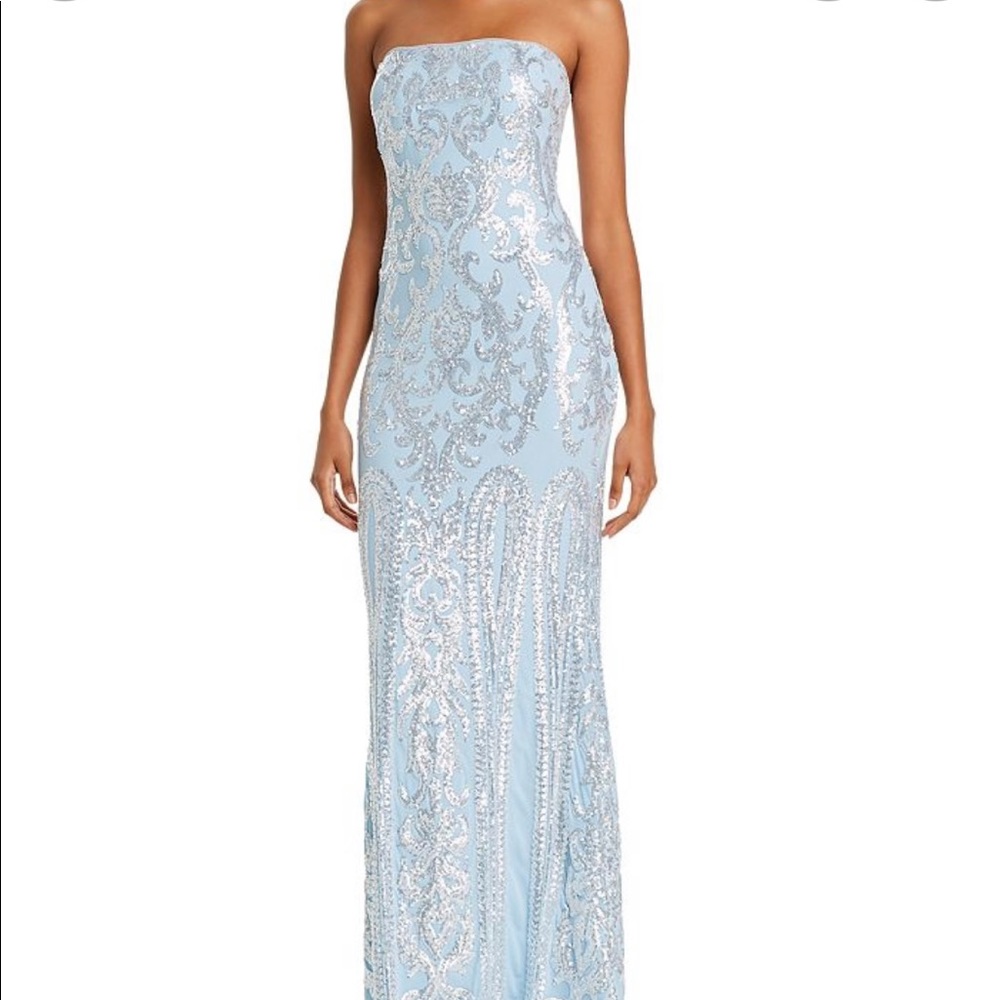 Aqua Strapless Light Blue Sequin Evening Gown